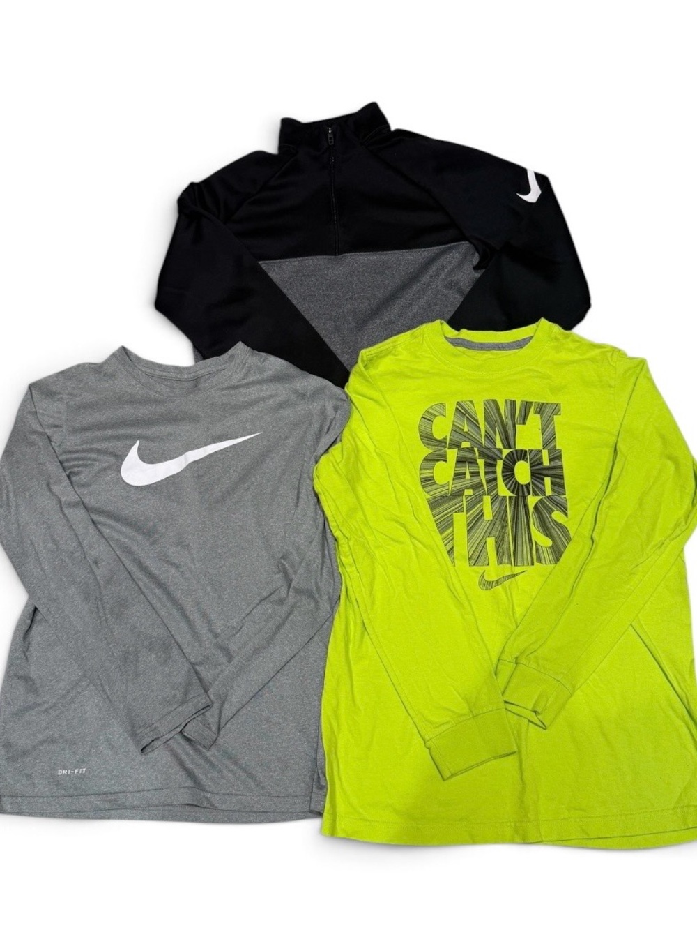 Nike Kids' Long-Sleeve Performance Tops - Gray, Black & Lime size large